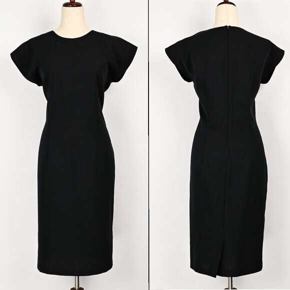 Vintage 80s Black CARY ROBBINS Polyester Midi Sheath Dress - 14 - Picture 1 of 7
